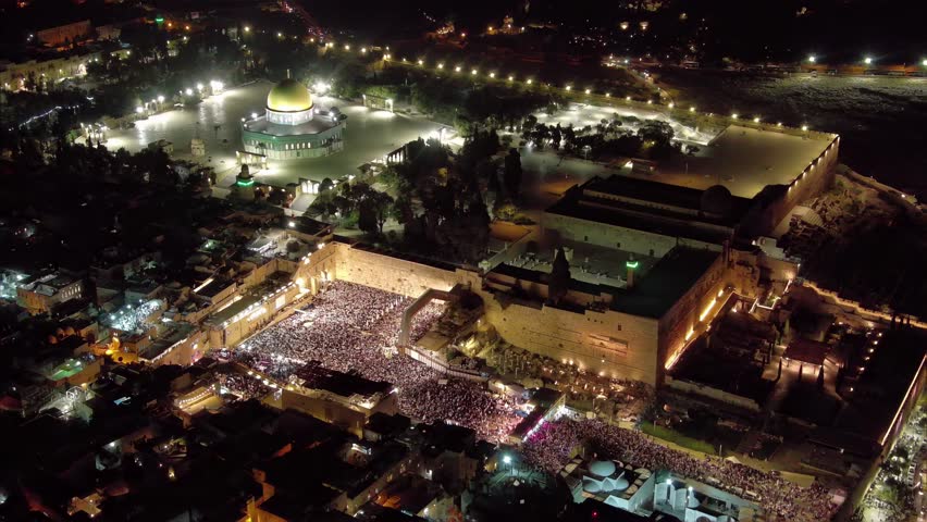 The western wall full with jewish prayers at night, spetmeber, aerial

Forgiveness Prayers at The Hebrew month of Elul, before yom kipur, drone view, September 2023

