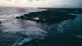 Galle Fort Nighttime Aerial Cinematic Ancient Lighthouse Illuminating Indian Ocean - Galle, Sri Lanka