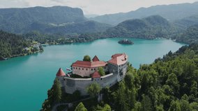 drone video Bled castle, Blejski grad Slovenia europe