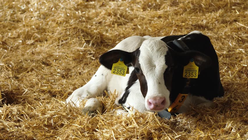 Brown white calf cow on dairy farm, industrial milk production. Mammal animal in stall on farm factory. Young domestic cow or bull calves | Shutterstock HD Video #1109100535