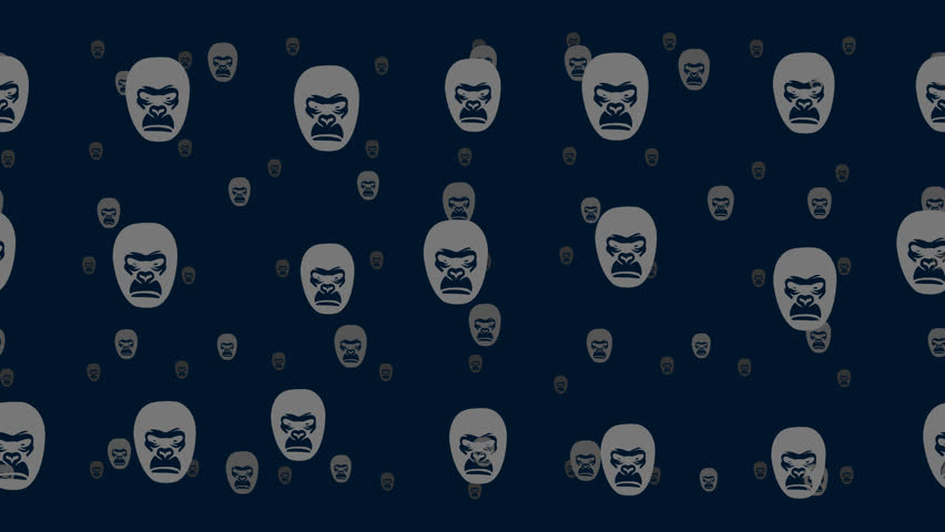 Gorilla heads float horizontally from left to right. Parallax fly effect. Floating symbols are located randomly. Seamless looped 4k animation on dark blue background | Shutterstock HD Video #1109103789