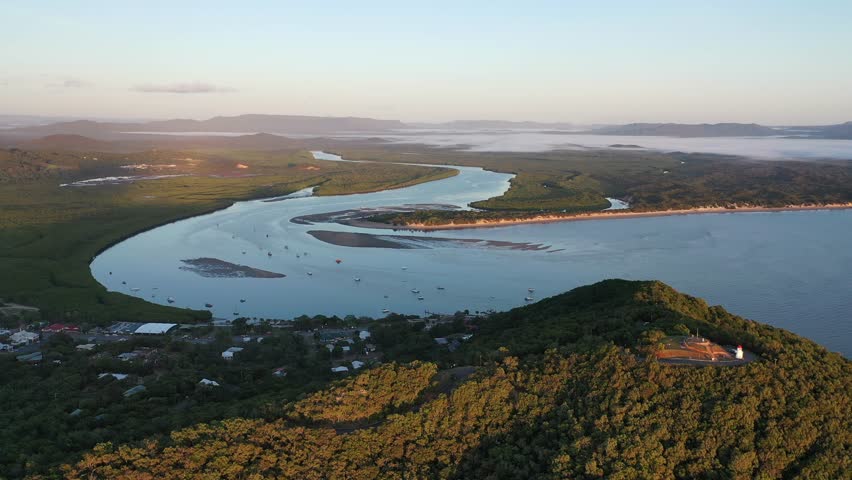 Grassy Hill Lookout and Endeavour River, Cooktown, Far North Queensland, Australia Aerial Drone 4K