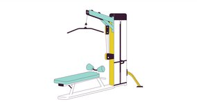 Lat pulldown machine in action line 2D object animation. Powerlifting. Sports gym equipment flat color cartoon 4K video, alpha channel. Pull down weight machine animated item on white background