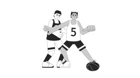 Basketball player dribbling bw cartoon animation. Ball interception in game 4K video motion graphic. Defensive player and attacker 2D monochrome line animated characters isolated on white background