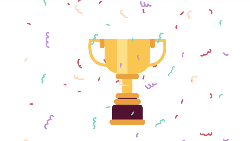 Confetti cup winning 2D animation. Awards and achievements 4K video motion graphic. Sport competition. Falling confetti trophy. Be the winner color animated cartoon flat concept, white background