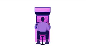 Black man sitting at arcade cabinet line 2D character animation. 90s nostalgic flat color cartoon 4K video, alpha channel. Retro gamer playing arcade game animated person on white background