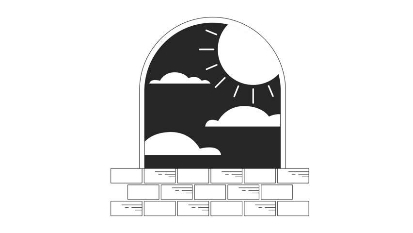 Esoteric window frame with midnight sun bw outline 2D concept animation. Brick stairs under arch monochrome linear cartoon 4K video. Nighttime sun spinning animated object isolated on white background