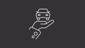 Car insurance white animated icon. Levitating auto above hand line animation. Transport service. Selling vehicle. Isolated illustration on dark background. Transition alpha video. Motion graphic