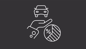 Property tax white line animation. Levitating car above hand animated icon. Pie chart with emerging sector. Isolated illustration on dark background. Transition alpha video. Motion graphic