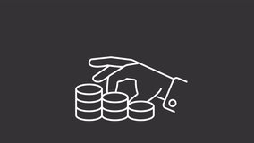Tax withholding white line animation. Hand taking away coin with percentage sign animated icon. Taxable income. Isolated illustration on dark background. Transition alpha video. Motion graphic