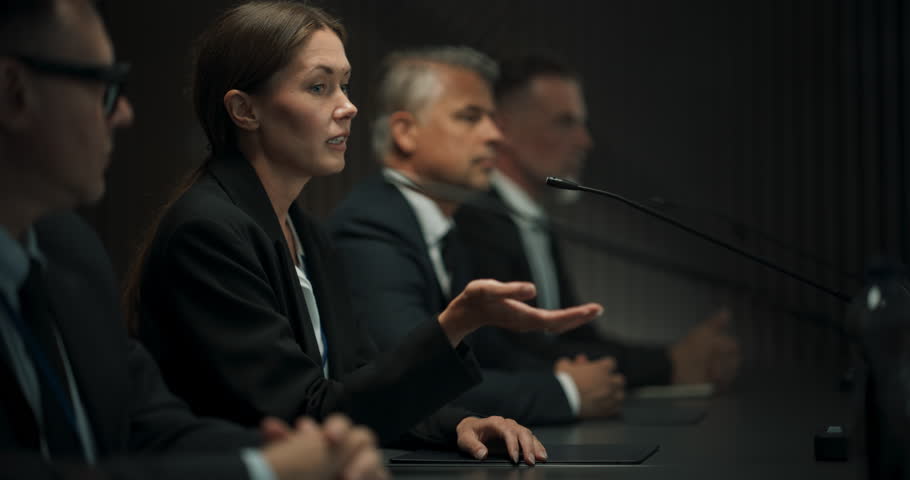 Zoom Out Shot: Caucasian Female Head Of Political Delegation Speaking At International Ecology Forum Press Conference. High-Profile Politician Reporting On Successful Deal. Diverse Delegates Listening