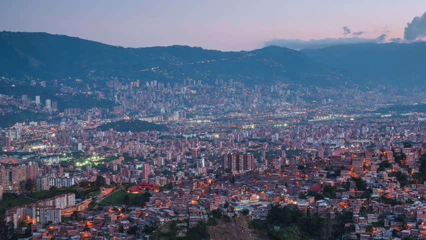 Dusk to night timelapse view of Medellin cityscape, Antioquia Department, Colombia.