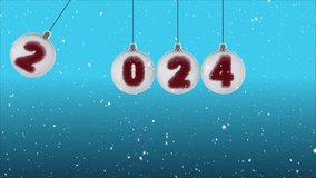  2024 New Year flying Christmas balls with numbers with falling snow. Isolated on gradient background.Swinging New Year's balls. 4k 3D looping video.