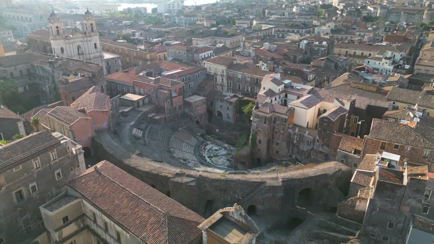 Cinematic Establishing Shot of Ancient Roman Theatre in Catania, Sicily, Italy Royalty-Free Stock Footage #1109121591