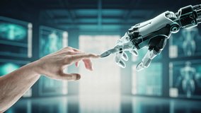A Hand Reaching Out To AI Robot In AI Room With Other Robots Workshop Advertising Photography Robotics Engineering - Powered by Shutterstock - Get 15% off with code: PIKWIZARD15