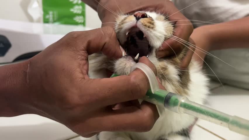 A cat eats vitamins. Vet giving a pill to sick sad cat. Medicines and synthetic vitamins for animals Royalty-Free Stock Footage #1109128737