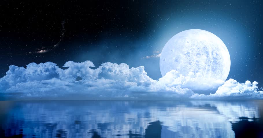 The blue full moon is reflected in the sea. A wave of water from the ocean to the island. The sky has many stars. Ripples on the river at dark night or Mysterious. 3D Rendering