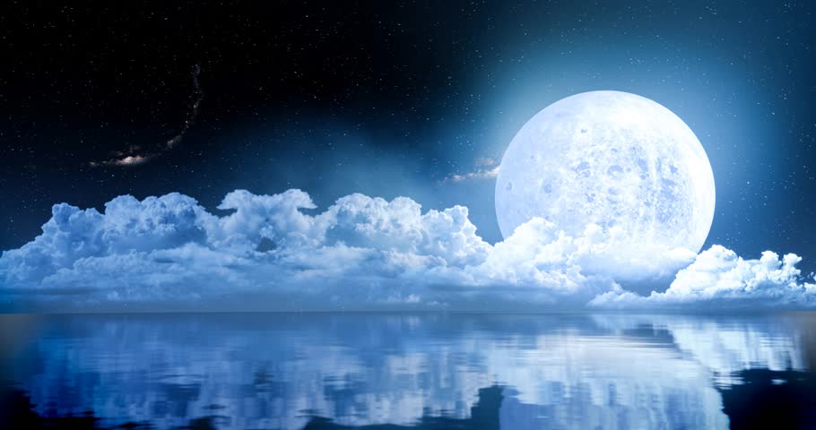 The blue full moon is reflected in the sea. A wave of water from the ocean to the island. The sky has many stars. Ripples on the river at dark night or Mysterious. 3D Rendering