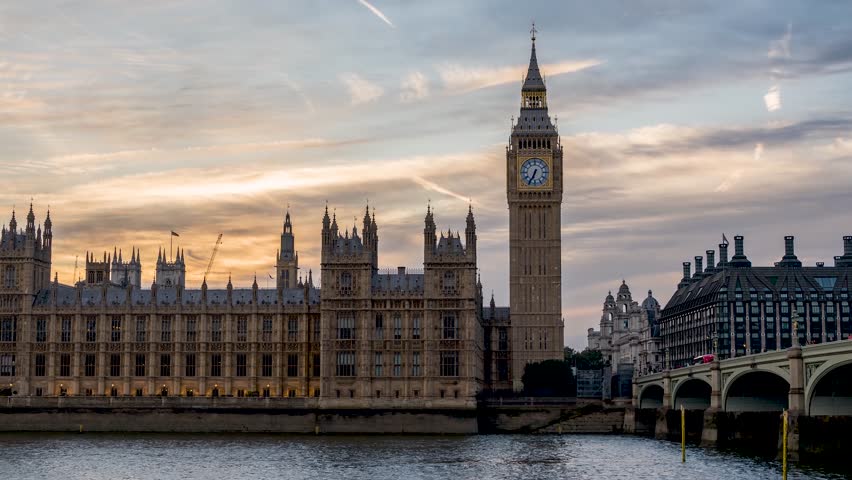 Beautiful sunset to night time lapse view of the Big Ben clocktower at Westminster in London, England