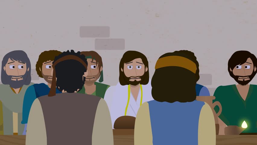 Cartoon Bible Illustration of Resurrected Jesus teaching during dinner