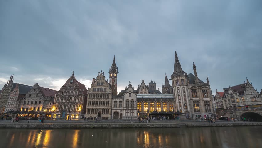Ghent Belgium time lapse 4K, city skyline day to night timelapse at St Michael