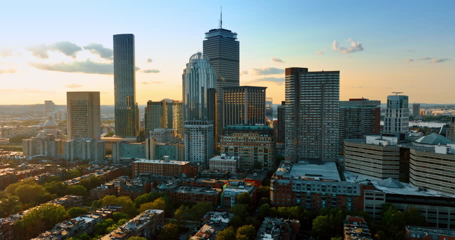 Diverse office towers and skyscrapers in the downtown of Boston. Flight above the beautiful scenery from top. Royalty-Free Stock Footage #1109139841