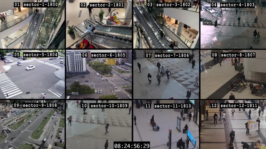 Multi screen vide wall monitoring system. CCTV cameras show video from various public places in the city, the station, the mall. Public control, total surveillance. Government monitoring of people. 4k Royalty-Free Stock Footage #1109144739