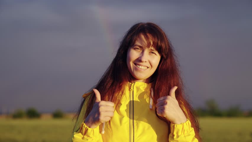 Portrait of gorgeous girl looking at camera. Happy emotions on face of young woman outdoors. Beautiful young woman smiling shows like with hand, travel in nature. Woman looks into camera. close up | Shutterstock HD Video #1109147461