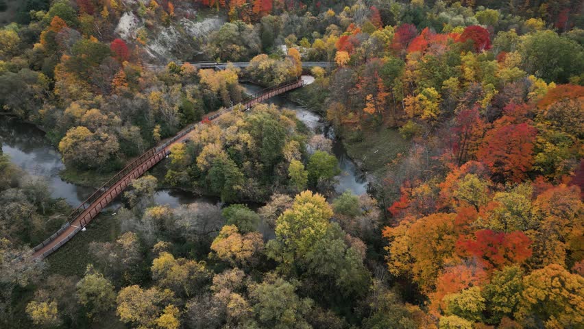 An aerial view of the fall season at Don River in Toronto, Ontario, Canada