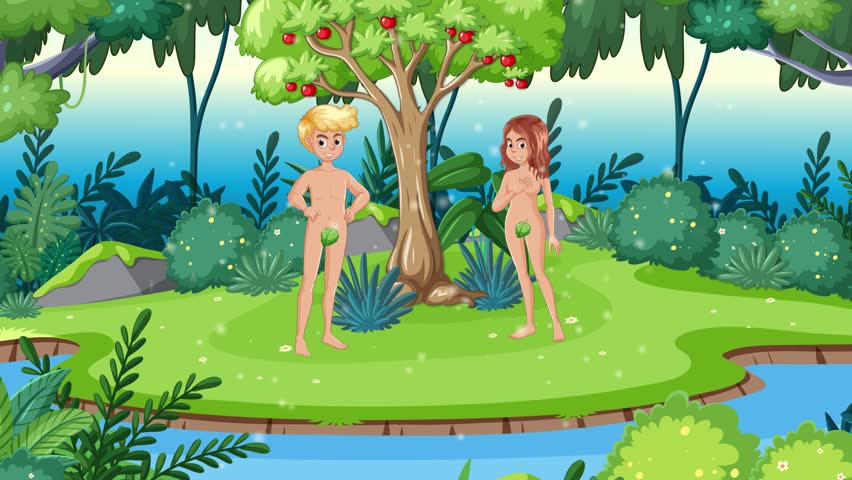 Adam and Eve standing under an apple tree in the Garden of Eden.