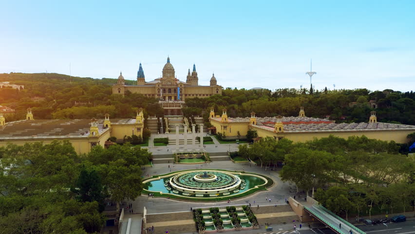 Montjuïc National Palace, Barcelona Spain. Aerial View, Hilltop Museum Building, City Landmark. Barcelona, Spain: Aerial view of capital city of Catalonia, famous Magic Fountain of Montjuïc. 