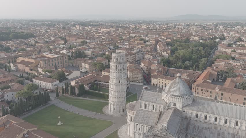 A-Log. Pisa, Italy. Famous Leaning Tower and Pisa Cathedral in Piazza dei Miracoli. Summer. Morning hours, Aerial View, Point of interest Royalty-Free Stock Footage #1109158505