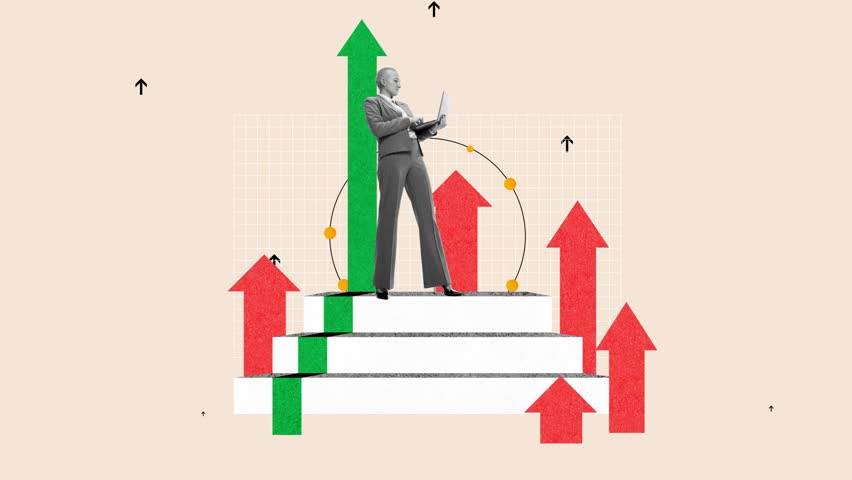 Business woman working on laptop, working on analytical information of project growth. Stop motion, animation. Concept of business, office, innovations, strategy, startup, deadlines