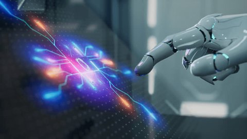 AI Robot Is Touching A Glowing Circuit Board with His Hand And A Futuristic Screen - Βίντεο στοκ