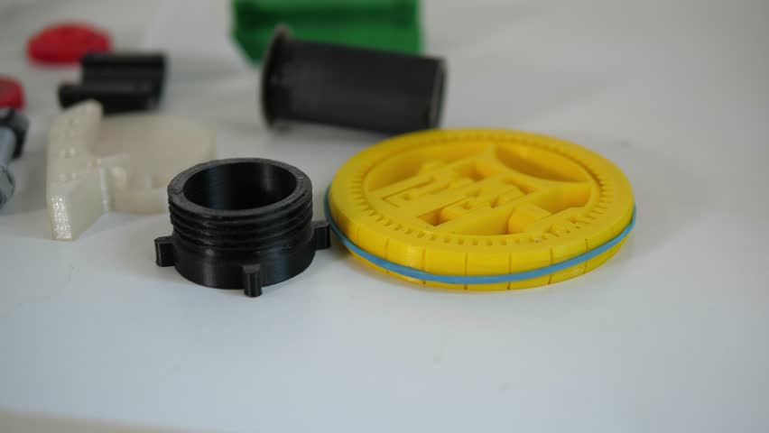 Many different shapes created on a 3D printer. 3D technology. Models printed on a 3D printer made of hot molten plastic. The object was created on a high-tech digital printer - a computer machine.