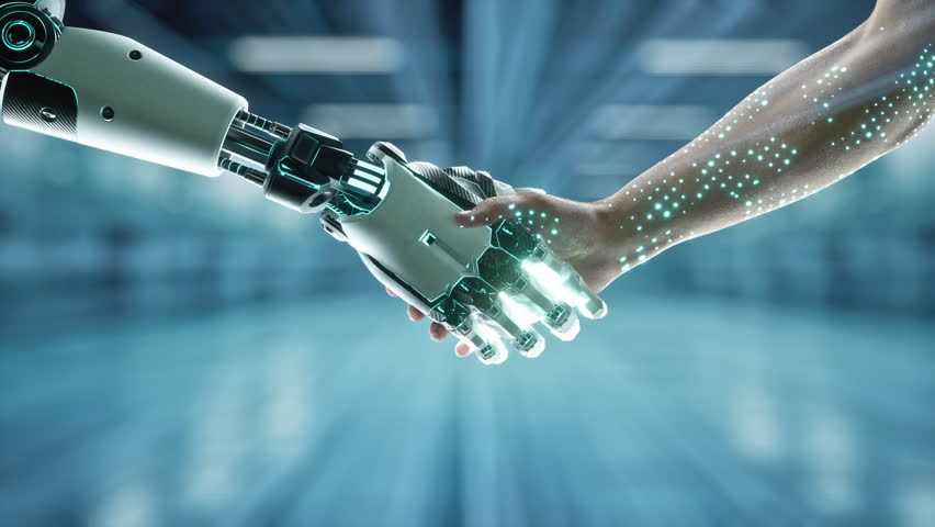 AI Robot Hand Shaking Another Hand In A Room With Blue Lights Workshop Advertising Photography Robotics Engineering Royalty-Free Stock Footage #1109161881
