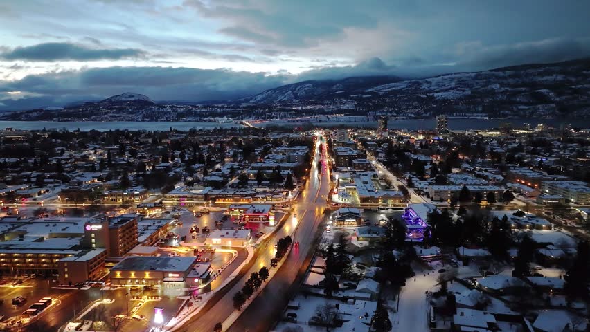 The aerial view of Kelowna in the evening. British Columbia, Canada.