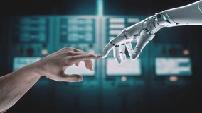 AI Robot Hand Reaching Out To A Human Hand In A Dark Room Workshop Animation Robotics Engineering - Powered by Shutterstock - Get 15% off with code: PIKWIZARD15