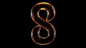 Seamless animation of glowing number 8 with light and reflections isolated on black background in 3d rendering.