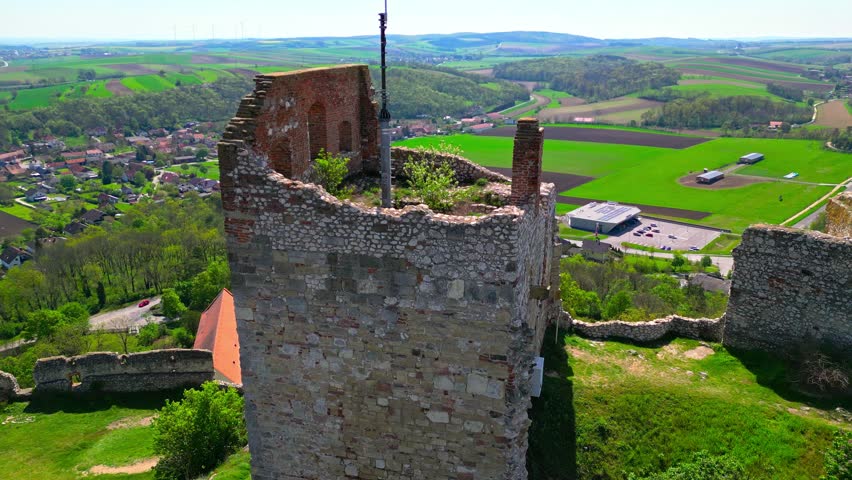 Fly Away At Staatz Castle Ruins In Weinviertel, Lower Austria. Aerial Pullback Shot