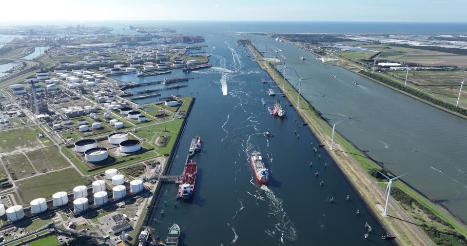 Caland kanaal, Nieuwe waterweg, Petrochemical industry, energy industry and transportation, marine activities, transportation and logistics in the port of Rotterdam Royalty-Free Stock Footage #1109165453