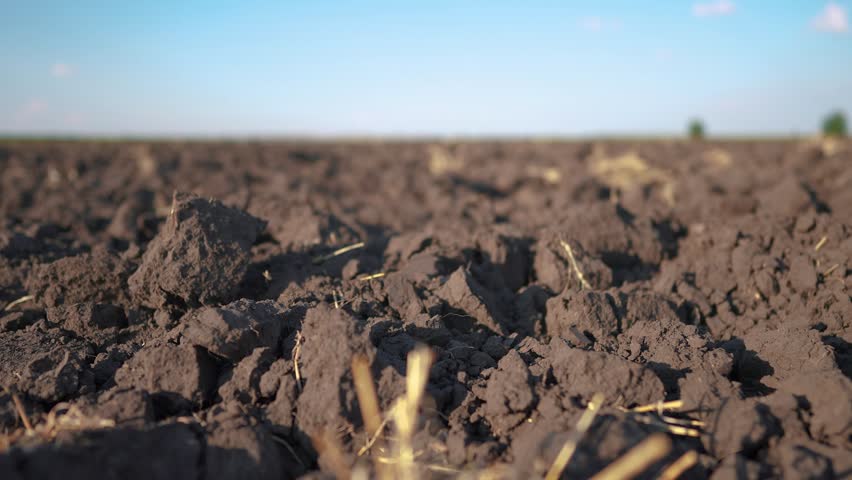combines plowed field. modern farming and irrigation business concept. fresh arable land after the tractor before sowing. clods of dirty lifestyle ground on a plowed field close-up Royalty-Free Stock Footage #1109165659