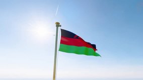 Flag of Malawi waving in the wind, sky and sun background. Malawi Flag Video. 4K UHD. 