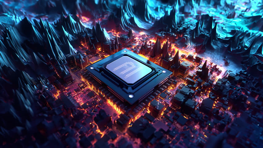 A Computer Processor In A Futuristic City With A Blue And Red Background Power Plant Animation Computer Graphics | Shutterstock HD Video #1109168429