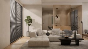 4K video modern style living room interior design and decoration with white sofa set black coffee table, grey carpet, wooden floor, sunlight from window. 3d rendering