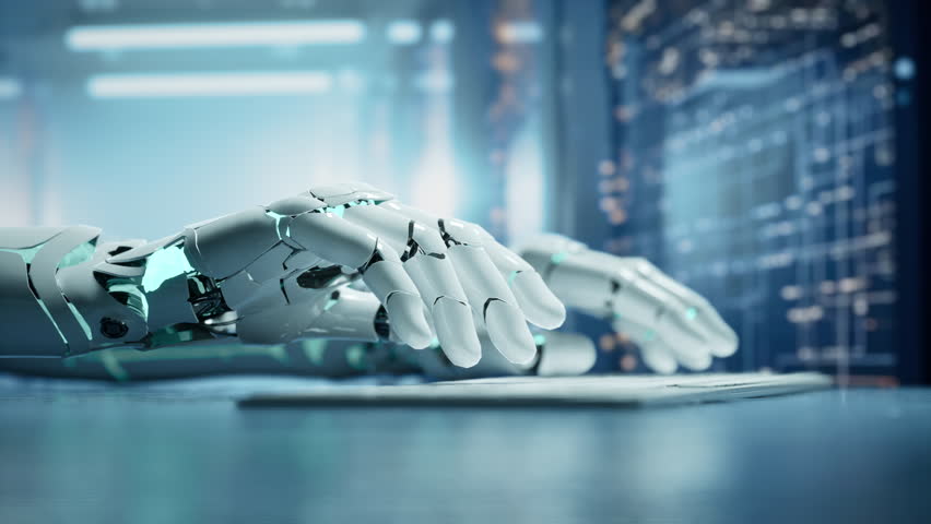 AI Robotic Hand Laying On A Laptop Keyboard In A Futuristic Setting Workshop Animation Natural Language Processing | Shutterstock HD Video #1109168503