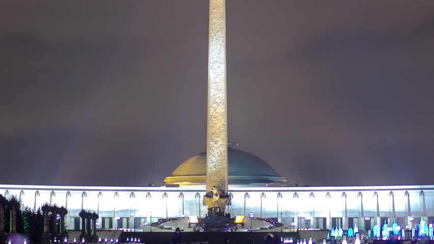Victory Park Architectural Ensemble with Monuments, Obelisk, and Christmas Tree at Evening Timelapse Hyperlapse in Moscow, Russia. This iconic location pays tribute to the nation