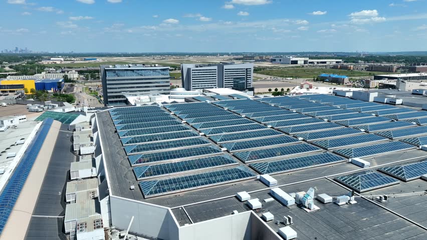 Skylights on roof of Mall of America in Bloomington, Minnesota. Aerial shot of largest shopping mall in USA. Reveal shot. Royalty-Free Stock Footage #1109172819