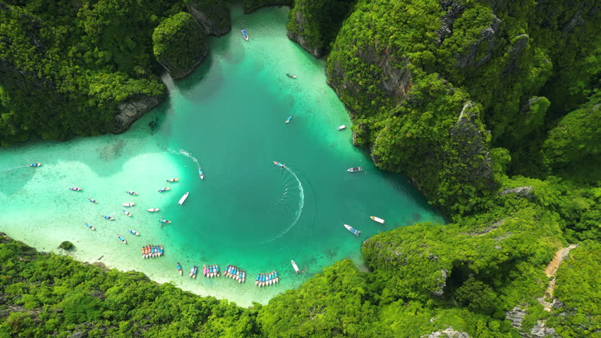 Maya bay in Phi Phi islands. Thailand. Beautiful seascape. Drone's view