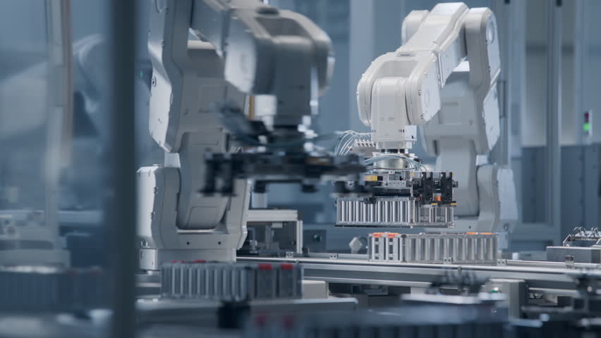 White Robotic Arms Transporting Automotive Battery Module onto Conveyor Belt. Electric Car Battery Pack Production Process. Bright Automated Factory. Lithium-ion Battery Cell Manufacturing Line.